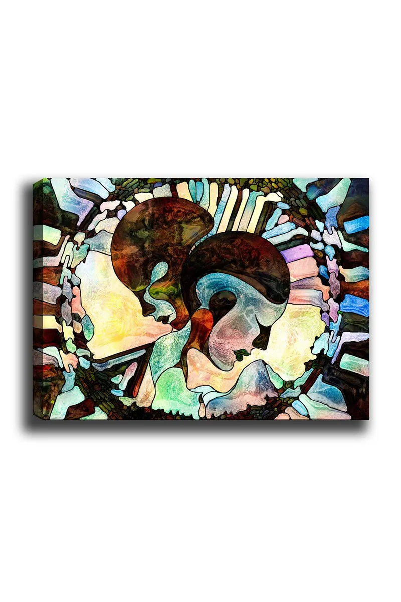 Lerretsbilde 70x100 cm - To stiliserte ansikter forent i en harmonisk komposisjon, Mørk brun / Lys blå / Grønn