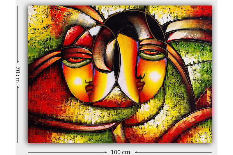Lerretsbilde 70x100 cm - To stiliserte ansikter som uttrykker nærhet og samhørighet - Rød / Grønn / Gul - Innredning - Bilder & kunst - Lerretsbilder