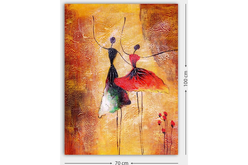 Lerretsbilde 70x100 cm - To stiliserte dansere i fargerike kjoler som uttrykker bevegelse og glede - Rød / Svart / Oransje - Innredning - Bilder & kunst - Lerretsbilder