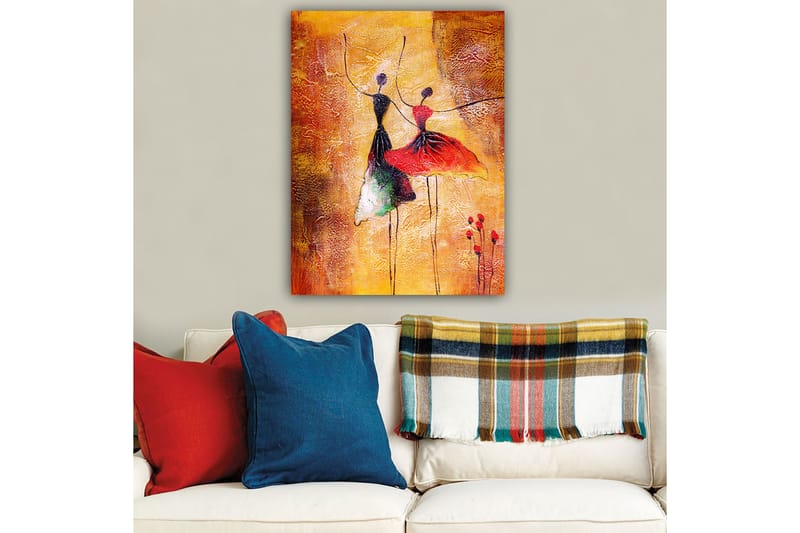 Lerretsbilde 70x100 cm - To stiliserte dansere i fargerike kjoler som uttrykker bevegelse og glede - Rød / Svart / Oransje - Innredning - Bilder & kunst - Lerretsbilder
