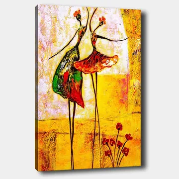 Lerretsbilde 70x100 cm - To stiliserte dansere i fargerike kjoler som uttrykker glede og bevegelse - Rød / Grønn / Gul - Innredning - Bilder & kunst - Lerretsbilder