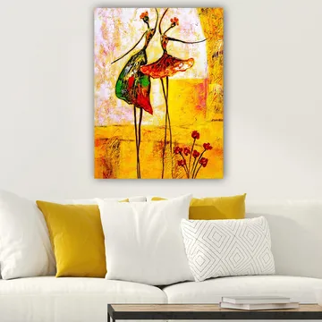 Lerretsbilde 70x100 cm - To stiliserte dansere i fargerike kjoler som uttrykker glede og bevegelse - Rød / Grønn / Gul - Innredning - Bilder & kunst - Lerretsbilder