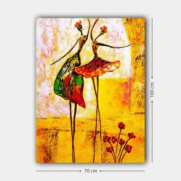 Lerretsbilde 70x100 cm - To stiliserte dansere i fargerike kjoler som uttrykker glede og bevegelse - Rød / Grønn / Gul - Innredning - Bilder & kunst - Lerretsbilder