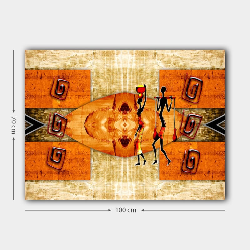 Lerretsbilde 70x100 cm - To stiliserte figurer som bærer fartøy, omgitt av abstrakte mønstre i varme farger - Oransje / Rød / Svart - Innredning - Bilder & kunst - Lerretsbilder