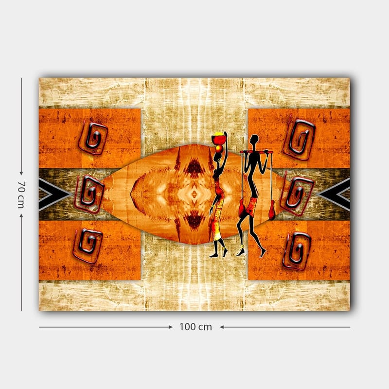 Lerretsbilde 70x100 cm - To stiliserte figurer som bærer fartøy, omgitt av abstrakte mønstre i varme farger - Oransje / Rød / Svart - Innredning - Bilder & kunst - Lerretsbilder