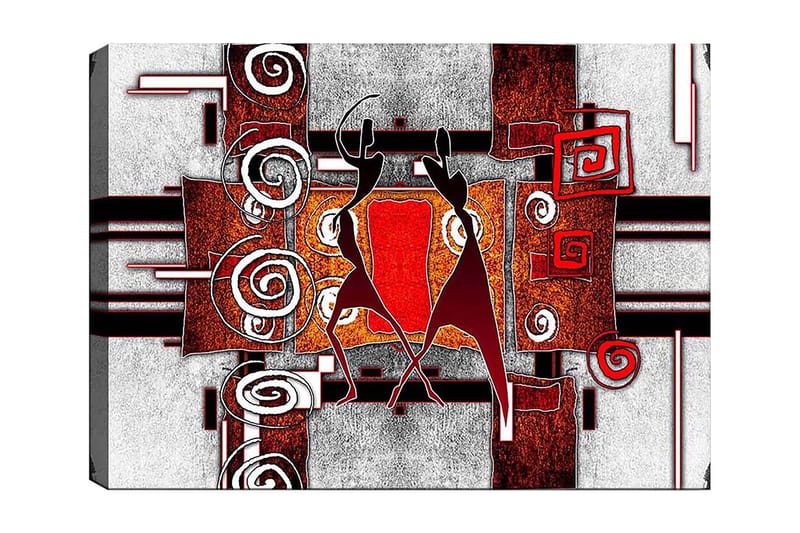 Lerretsbilde 70x100 cm - To stiliserte figurer som danser i en abstrakt komposisjon med spiraler og geometriske former, Rød / Brun / Svart