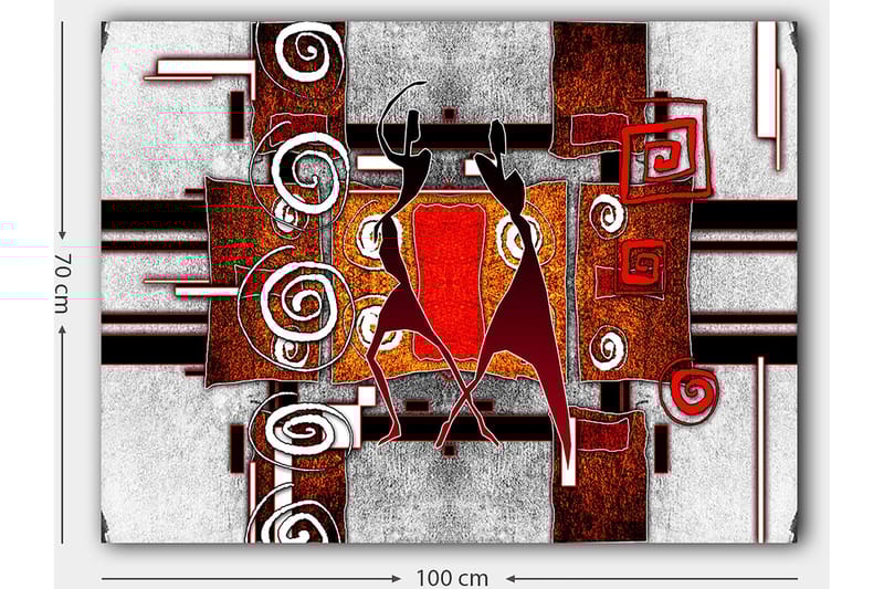Lerretsbilde 70x100 cm - To stiliserte figurer som danser i en abstrakt komposisjon med spiraler og geometriske former - Rød / Brun / Svart - Innredning - Bilder & kunst - Lerretsbilder