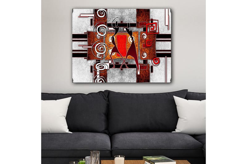 Lerretsbilde 70x100 cm - To stiliserte figurer som danser i en abstrakt komposisjon med spiraler og geometriske former - Rød / Brun / Svart - Innredning - Bilder & kunst - Lerretsbilder
