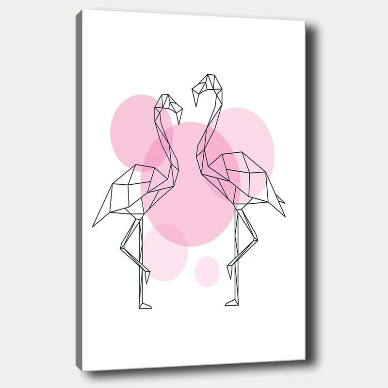 Lerretsbilde 70x100 cm - To stiliserte flamingoer i geometrisk form som står tett inntil hverandre, Rosa / Svart