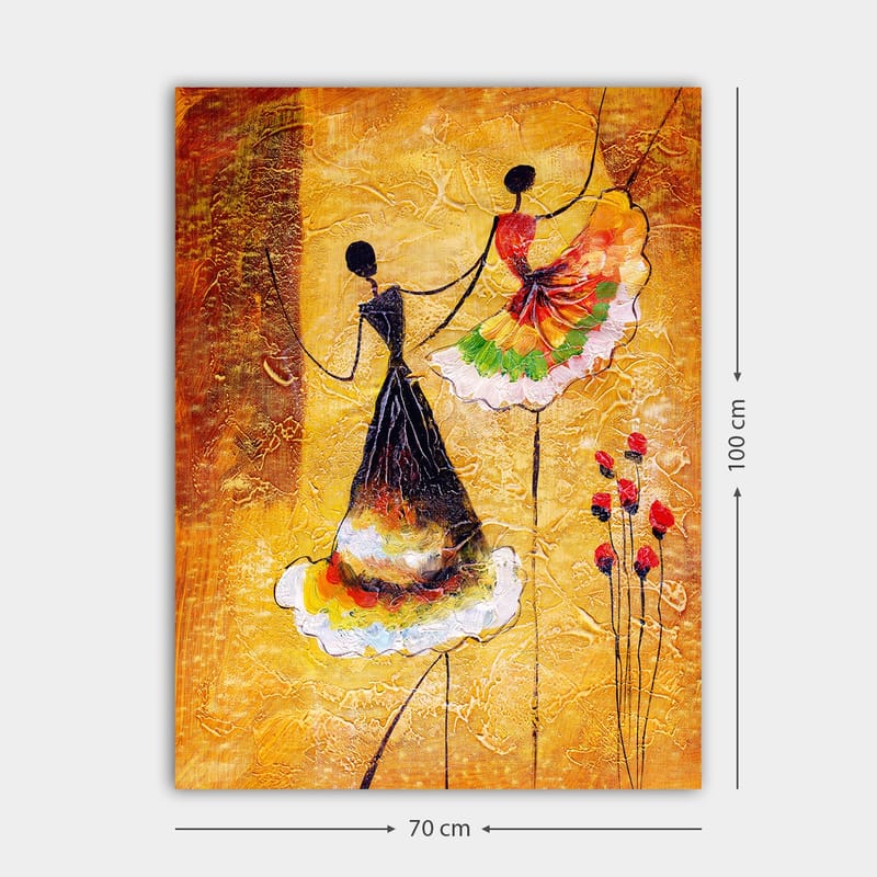 Lerretsbilde 70x100 cm - To stiliserte kvinner i fargerike kjoler som danser sammen - Gull / Svart / Rød - Innredning - Bilder & kunst - Lerretsbilder