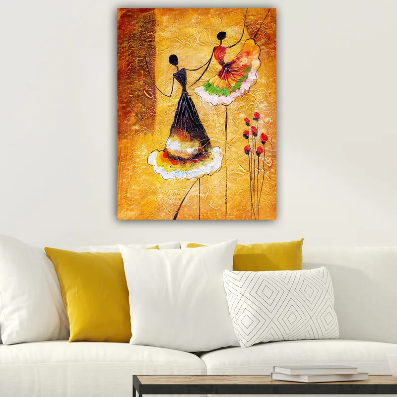 Lerretsbilde 70x100 cm - To stiliserte kvinner i fargerike kjoler som danser sammen - Gull / Svart / Rød - Innredning - Bilder & kunst - Lerretsbilder
