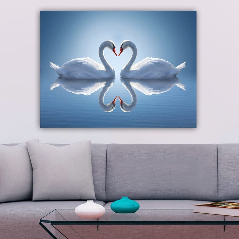 Lerretsbilde 70x100 cm - To svaner som danner et hjerte med halsene i speilbilde på vannet - Hvit / Rød / Blå - Innredning - Bilder & kunst - Lerretsbilder
