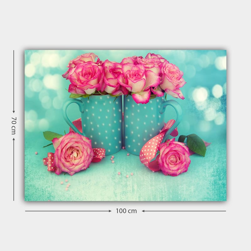 Lerretsbilde 70x100 cm - To turkise krus fylt med rosa roser - Turkis / Rosa - Innredning - Bilder & kunst - Lerretsbilder