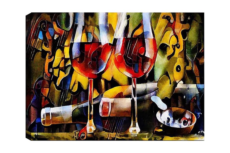 Lerretsbilde 70x100 cm - To vinglass med rød væske omgitt av abstrakte musikalske og fargerike elementer, Rød / Gul / Grønn