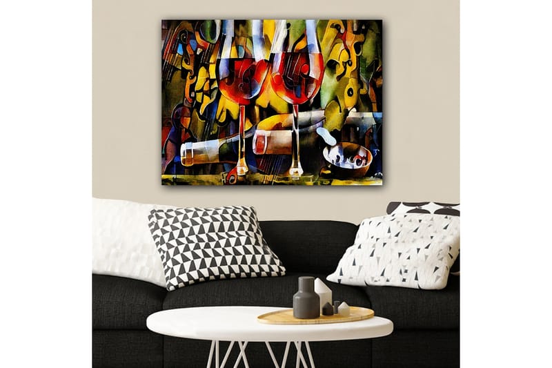 Lerretsbilde 70x100 cm - To vinglass med rød væske omgitt av abstrakte musikalske og fargerike elementer - Rød / Gul / Grønn - Innredning - Bilder & kunst - Lerretsbilder