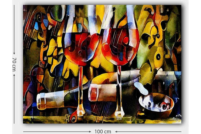 Lerretsbilde 70x100 cm - To vinglass med rød væske omgitt av abstrakte musikalske og fargerike elementer - Rød / Gul / Grønn - Innredning - Bilder & kunst - Lerretsbilder