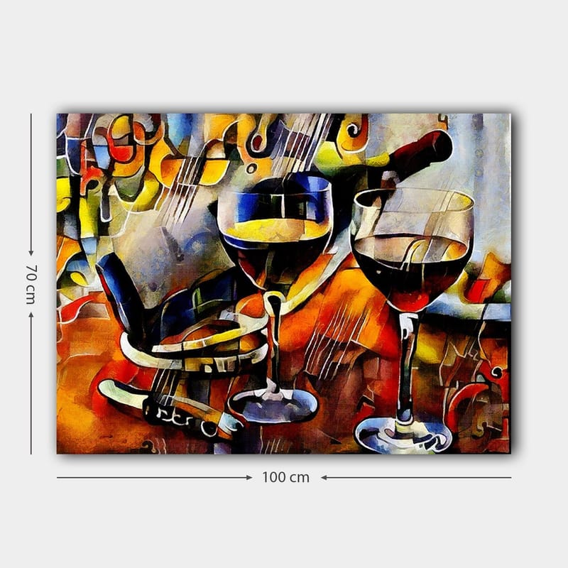 Lerretsbilde 70x100 cm - To vinglass med rødvin og en flaske vin, omgitt av musikalske elementer - Rød / Gul / Blå - Innredning - Bilder & kunst - Lerretsbilder