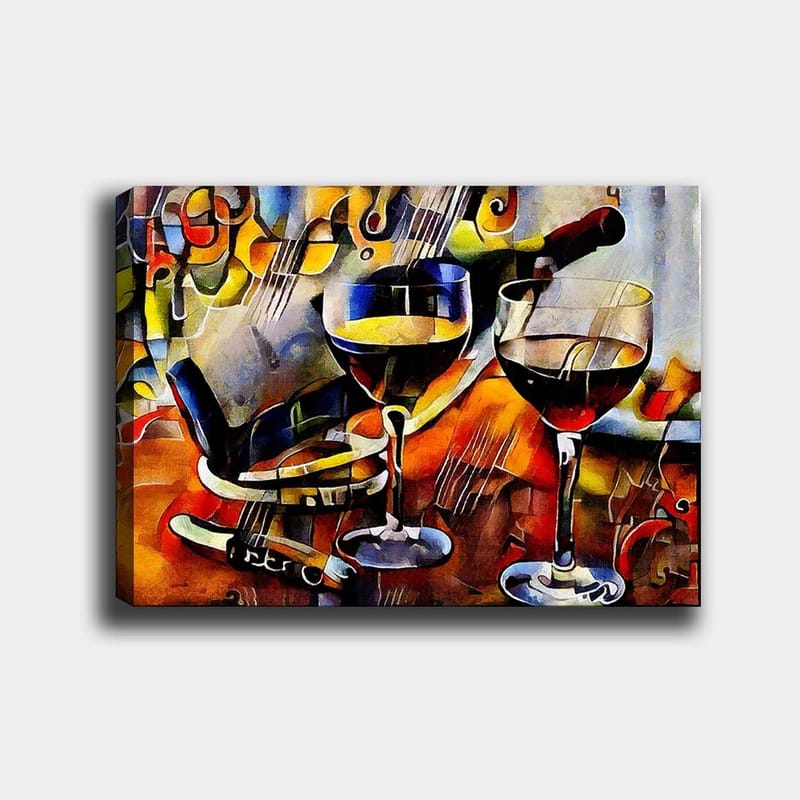 Lerretsbilde 70x100 cm - To vinglass med rødvin og en flaske vin, omgitt av musikalske elementer - Rød / Gul / Blå - Innredning - Bilder & kunst - Lerretsbilder