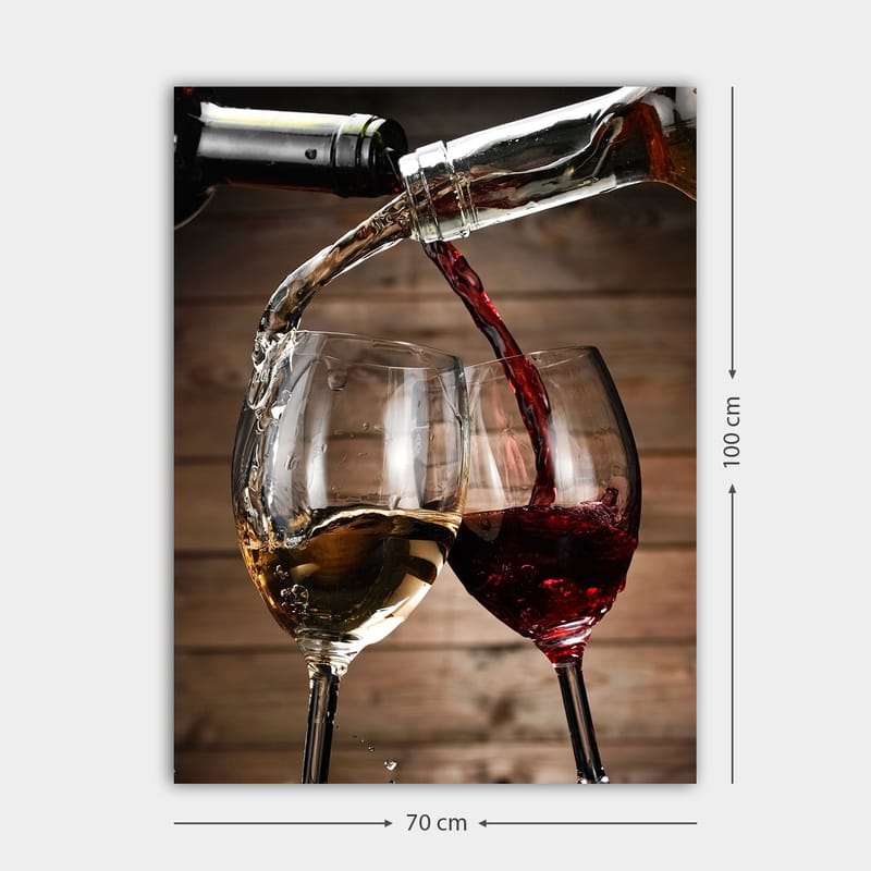 Lerretsbilde 70x100 cm - To vinglass som skåler med hvitvin og rødvin som helles i dem - Gull / Rød - Innredning - Bilder & kunst - Lerretsbilder