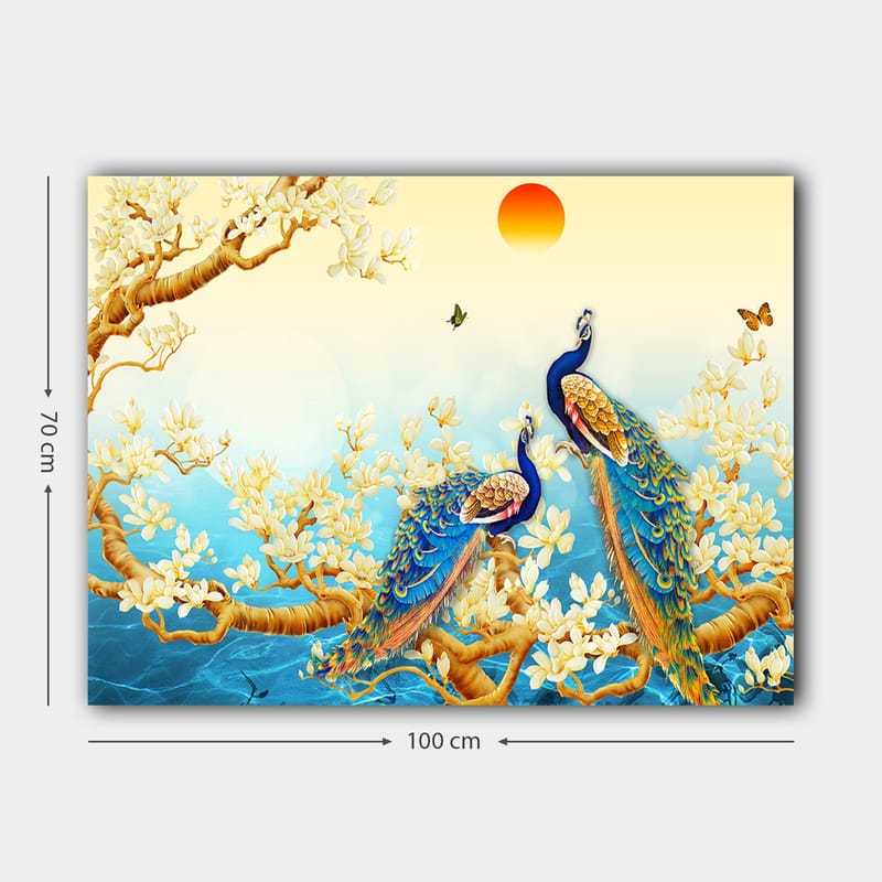 Lerretsbilde 70x100 cm - To påfugler som står på en gren omgitt av blomster og vann - Blå / Gull / Hvit - Innredning - Bilder & kunst - Lerretsbilder
