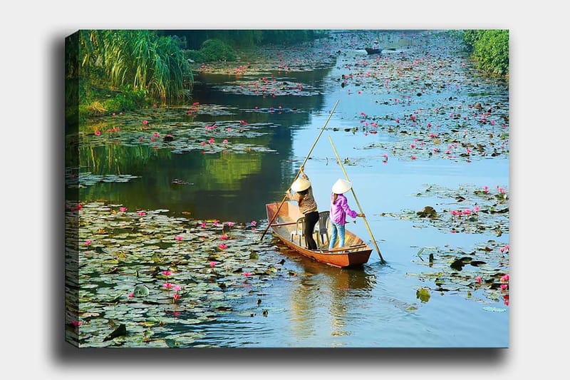 Lerretsbilde 70x100 cm - To personer padler i båt gjennom en innsjø med vannliljer og blomster, Grønn / Rosa / Blå