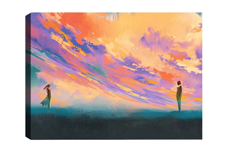 Lerretsbilde 70x100 cm - To personer som står på et åpent område under en fargerik himmel, Lilla / Oransje / Turkis