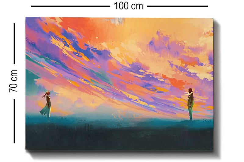 Lerretsbilde 70x100 cm - To personer som står på et åpent område under en fargerik himmel - Lilla / Oransje / Turkis - Innredning - Bilder & kunst - Lerretsbilder