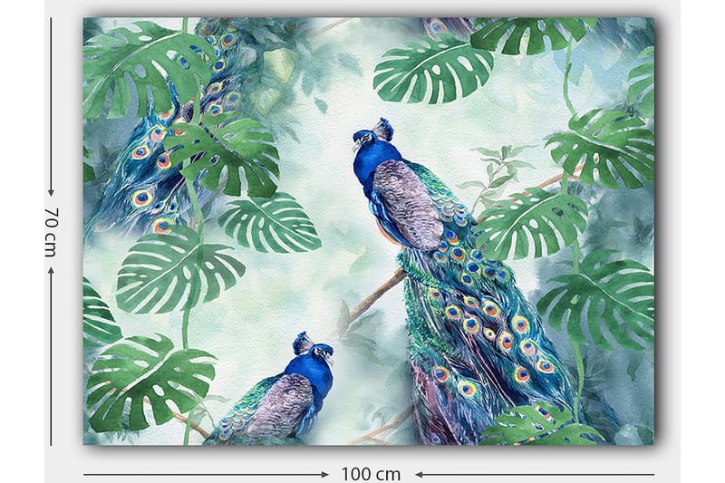 Lerretsbilde 70x100 cm - To påfugler som sitter blant grønne planter i et levende og fargerikt miljø - Blå / Grønn / Turkis - Innredning - Bilder & kunst - Lerretsbilder