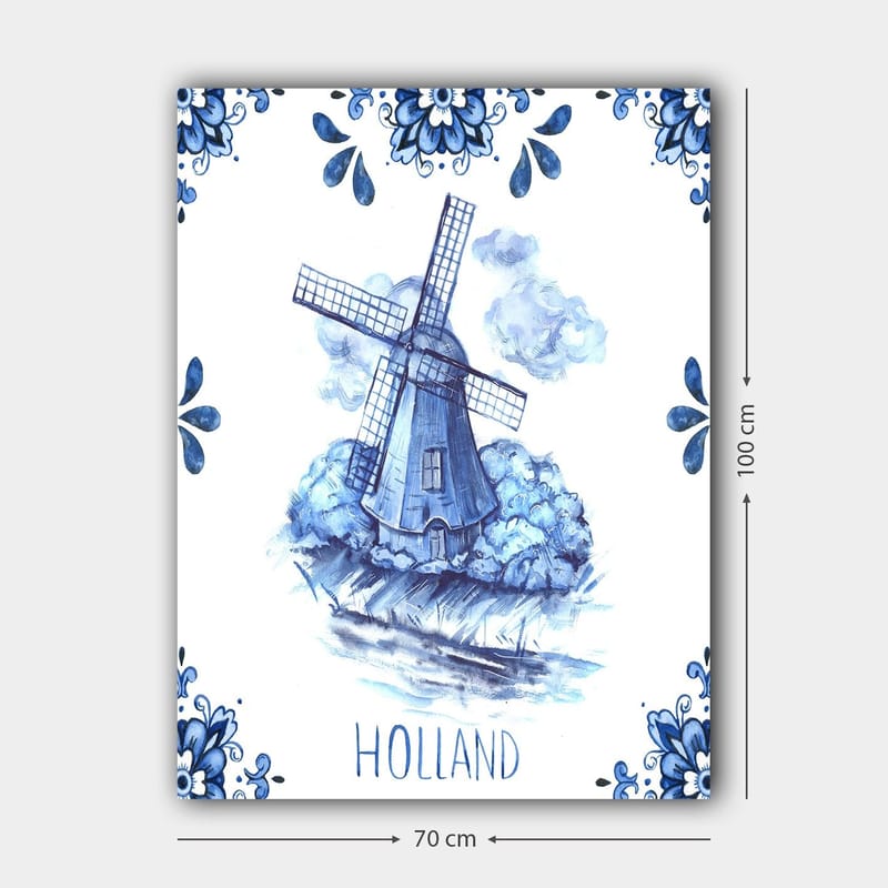 Lerretsbilde 70x100 cm - Tradisjonell nederlandsk vindmølle omgitt av blå blomster og skyer - Blå / Hvit - Innredning - Bilder & kunst - Lerretsbilder