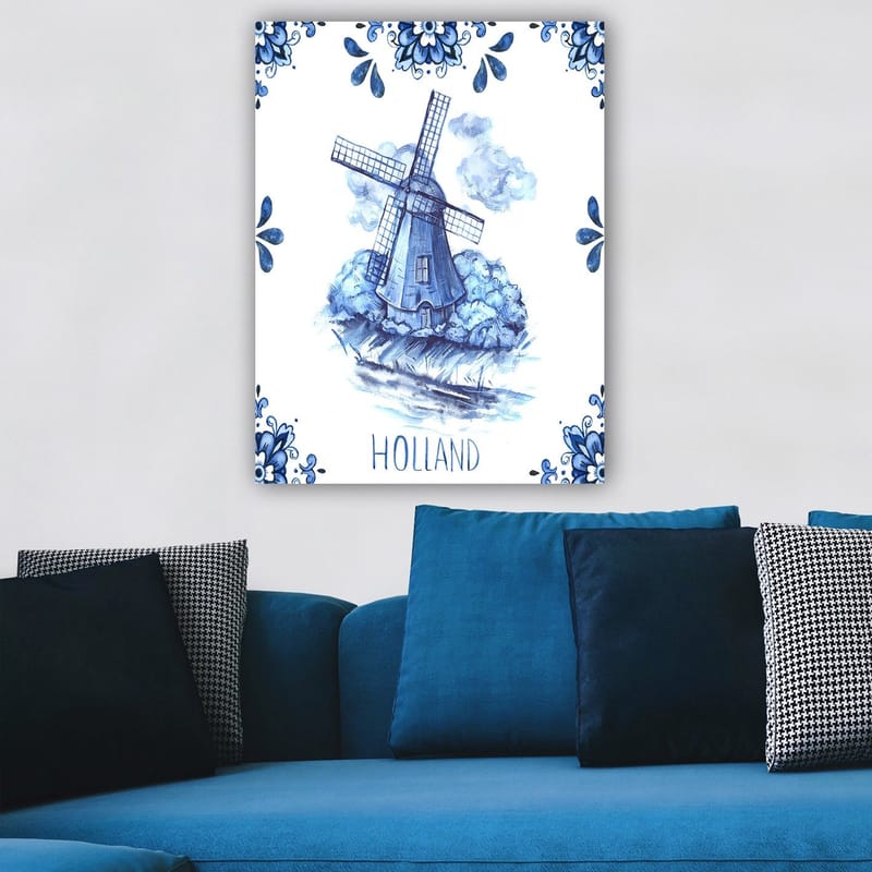 Lerretsbilde 70x100 cm - Tradisjonell nederlandsk vindmølle omgitt av blå blomster og skyer - Blå / Hvit - Innredning - Bilder & kunst - Lerretsbilder
