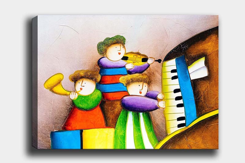 Lerretsbilde 70x100 cm - Tre glade barn som spiller musikk med forskjellige instrumenter, Grønn / Rød / Blå
