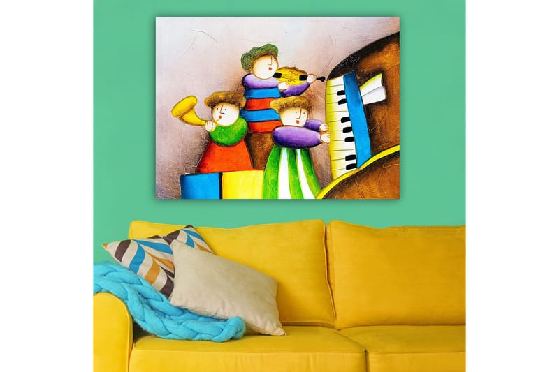 Lerretsbilde 70x100 cm - Tre glade barn som spiller musikk med forskjellige instrumenter - Grønn / Rød / Blå - Innredning - Bilder & kunst - Lerretsbilder