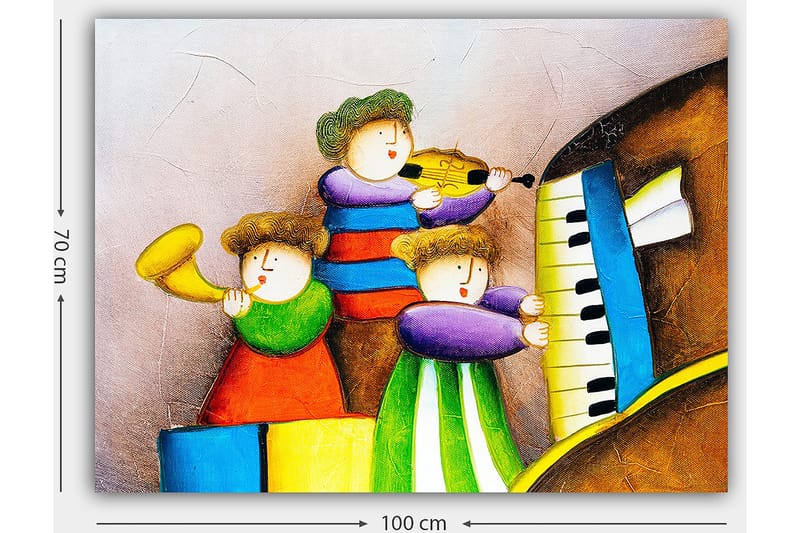 Lerretsbilde 70x100 cm - Tre glade barn som spiller musikk med forskjellige instrumenter - Grønn / Rød / Blå - Innredning - Bilder & kunst - Lerretsbilder