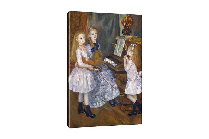 Lerretsbilde 70x100 cm - Tre jenter som spiller musikk ved et piano - Lys blå / Hvit / Svart - Innredning - Bilder & kunst - Lerretsbilder