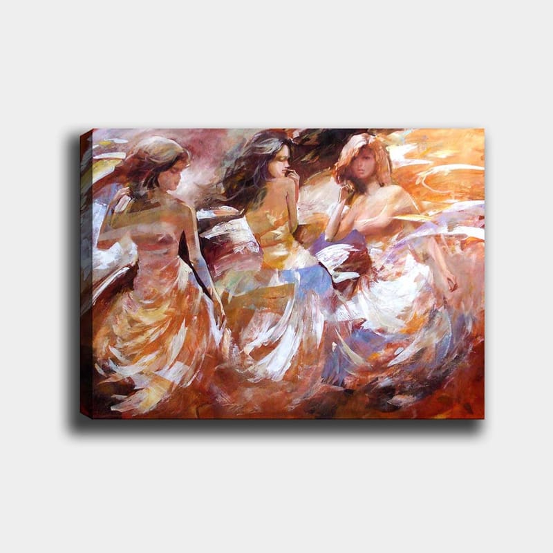 Lerretsbilde 70x100 cm - Tre kvinner i flagrende kjoler som danser, fanget i en dynamisk bevegelse, Oransje / Hvit / Beige