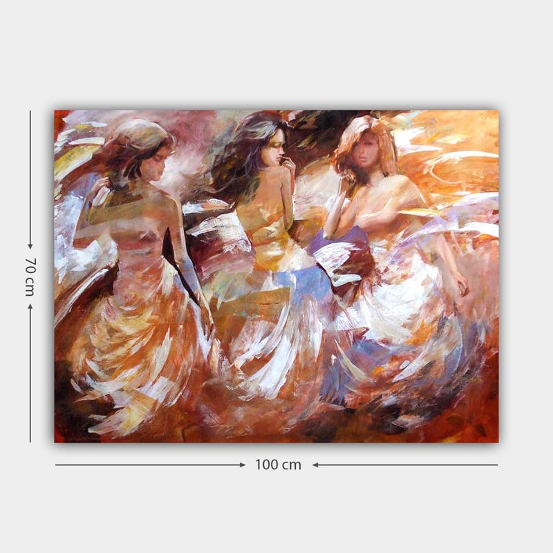 Lerretsbilde 70x100 cm - Tre kvinner i flagrende kjoler som danser, fanget i en dynamisk bevegelse - Oransje / Hvit / Beige - Innredning - Bilder & kunst - Lerretsbilder