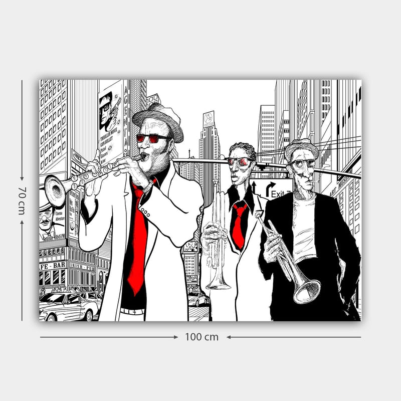 Lerretsbilde 70x100 cm - Tre musikere i kostymer som spiller instrumenter i en travel bygate - Rød / Svart / Hvit - Innredning - Bilder & kunst - Lerretsbilder