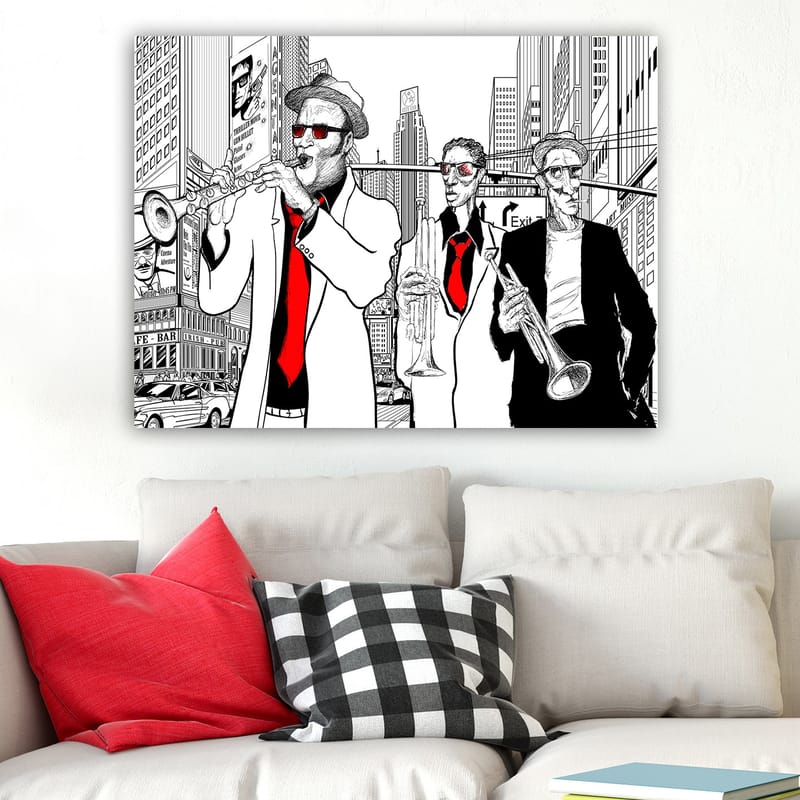 Lerretsbilde 70x100 cm - Tre musikere i kostymer som spiller instrumenter i en travel bygate - Rød / Svart / Hvit - Innredning - Bilder & kunst - Lerretsbilder