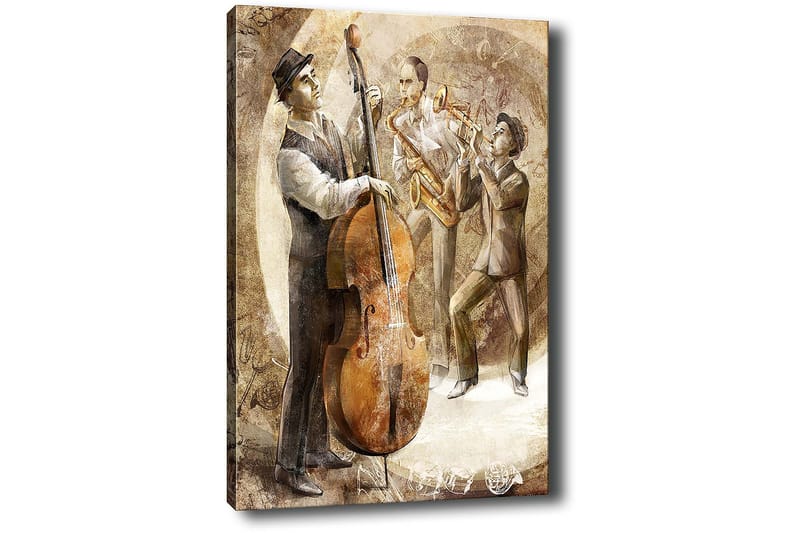 Lerretsbilde 70x100 cm - Tre musikere som spiller jazz, med en kontrabass i fokus - Brun / Beige / Hvit - Innredning - Bilder & kunst - Lerretsbilder