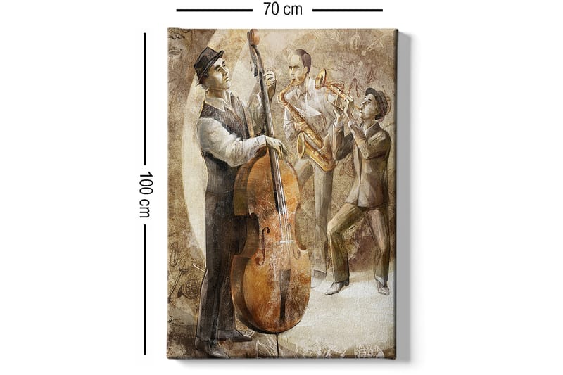 Lerretsbilde 70x100 cm - Tre musikere som spiller jazz, med en kontrabass i fokus - Brun / Beige / Hvit - Innredning - Bilder & kunst - Lerretsbilder