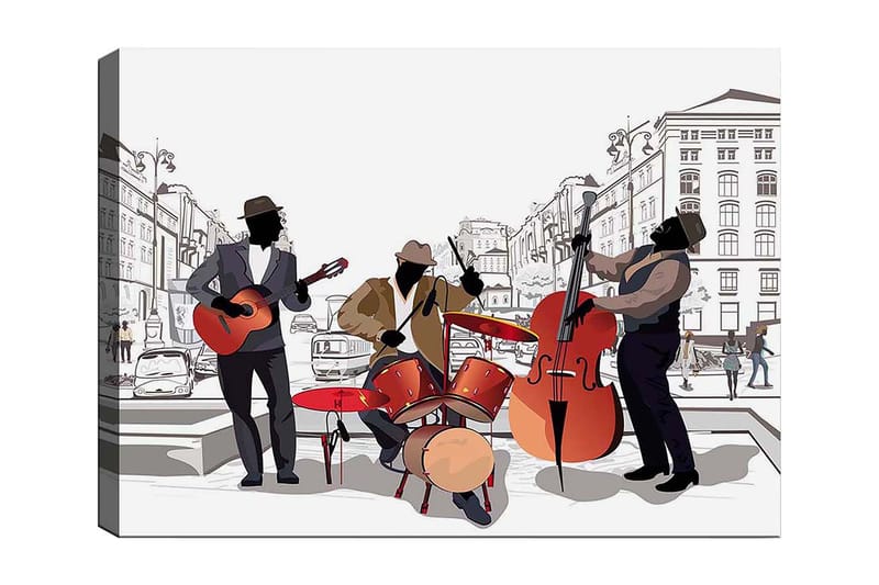 Lerretsbilde 70x100 cm - Tre musikere som spiller på gaten, med fokus på gitar, trommer og kontrabass - Rød / Svart / Beige - Innredning - Bilder & kunst - Lerretsbilder