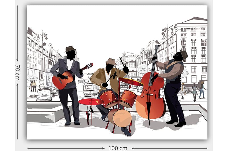 Lerretsbilde 70x100 cm - Tre musikere som spiller på gaten, med fokus på gitar, trommer og kontrabass - Rød / Svart / Beige - Innredning - Bilder & kunst - Lerretsbilder