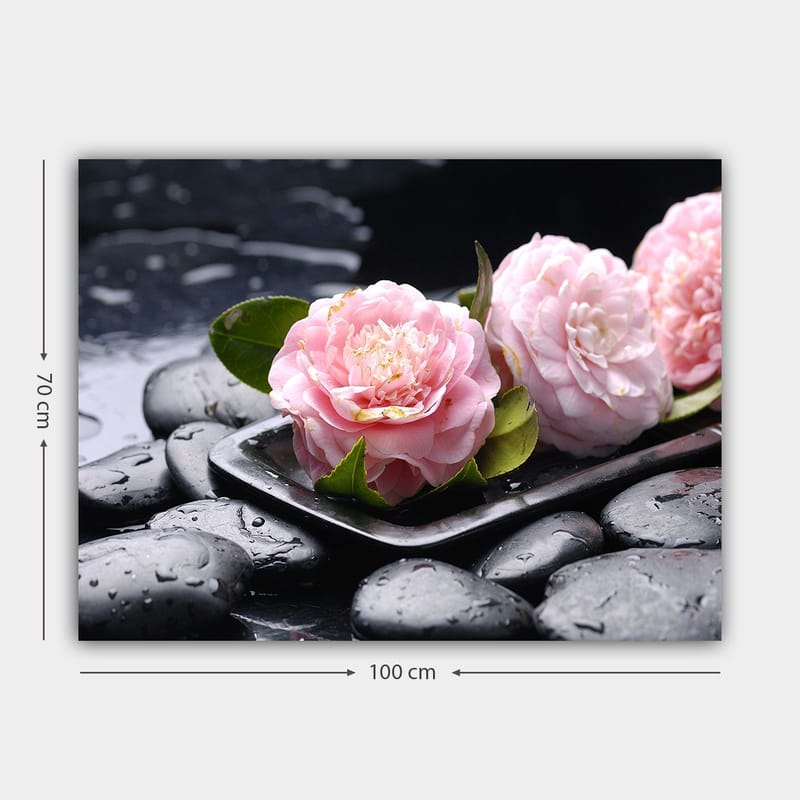 Lerretsbilde 70x100 cm - Tre rosa blomster på en tallerken med svarte steiner og vanndråper - Rosa / Svart / Grønn - Innredning - Bilder & kunst - Lerretsbilder