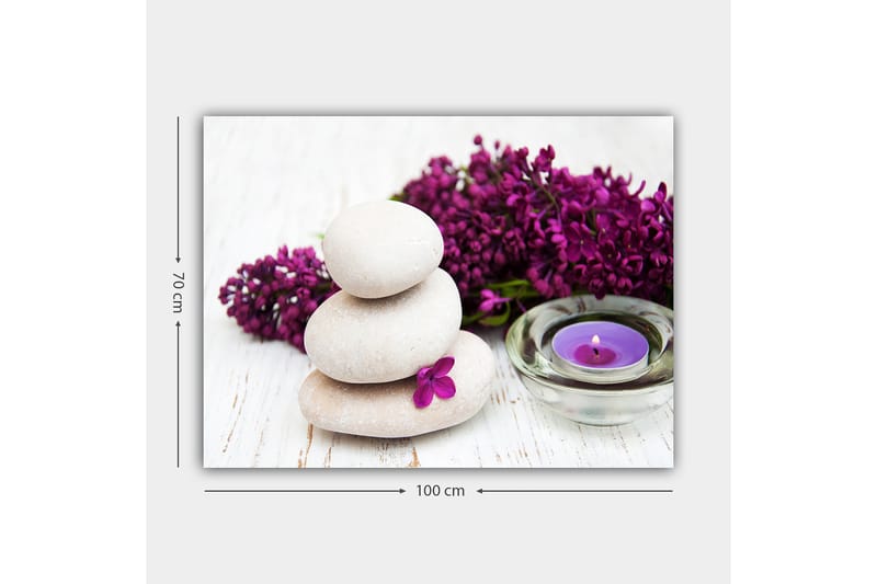 Lerretsbilde 70x100 cm - Tre stablede steiner med en lilla blomst og et duftlys i en rolig og harmonisk komposisjon - Lys grå / Lilla - Innredning - Bilder & kunst - Lerretsbilder