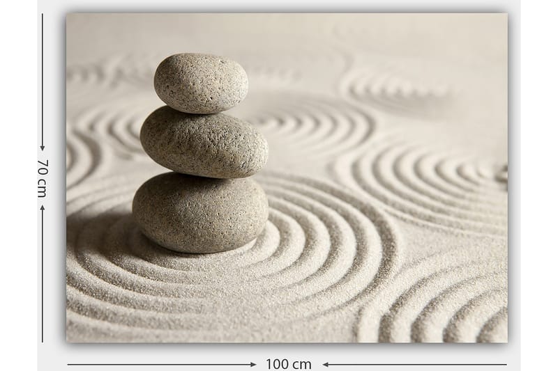 Lerretsbilde 70x100 cm - Tre stablede steiner på en sandoverflate med bølgete mønstre - Grå / Beige - Innredning - Bilder & kunst - Lerretsbilder