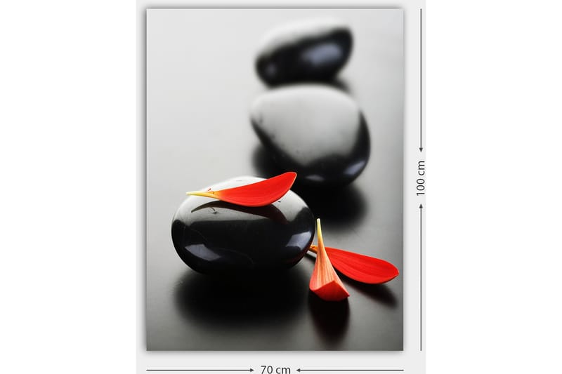 Lerretsbilde 70x100 cm - Tre svarte steiner med røde blomsterblader skaper en harmonisk og avslappende komposisjon - Svart / Rød - Innredning - Bilder & kunst - Lerretsbilder