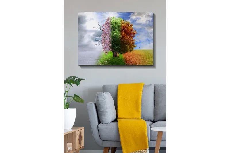 Lerretsbilde 70x100 cm - Trestruktur som representerer de fire årstidene, fra vinter til vår, overgang til sommer og høst - Rosa / Grønn / Oransje - Innredning - Bilder & kunst - Lerretsbilder