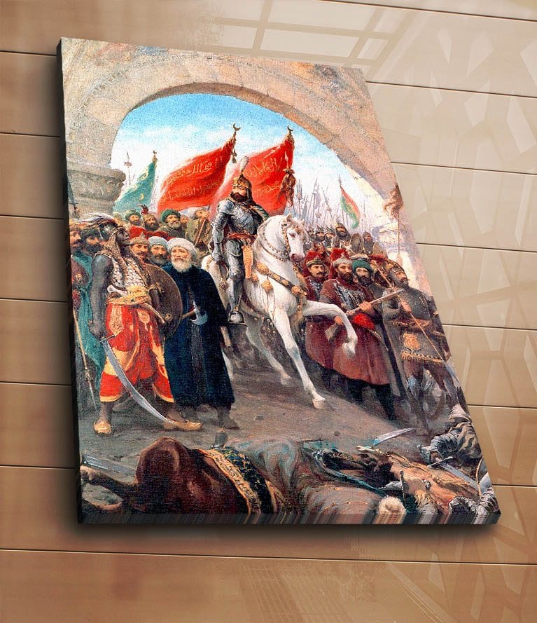 Lerretsbilde 70x100 cm - Triumferende leder på en hvit hest omgitt av en folkemengde med røde flagg - Rød / Hvit / Brun - Innredning - Bilder & kunst - Lerretsbilder