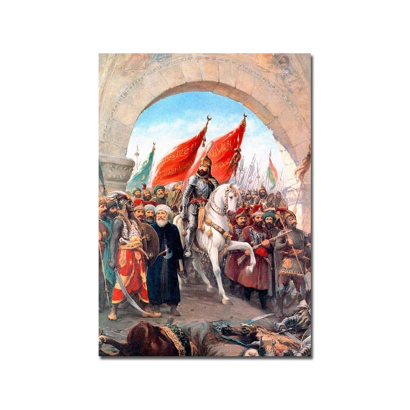 Lerretsbilde 70x100 cm - Triumferende leder på en hvit hest omgitt av en folkemengde med røde flagg - Rød / Hvit / Brun - Innredning - Bilder & kunst - Lerretsbilder