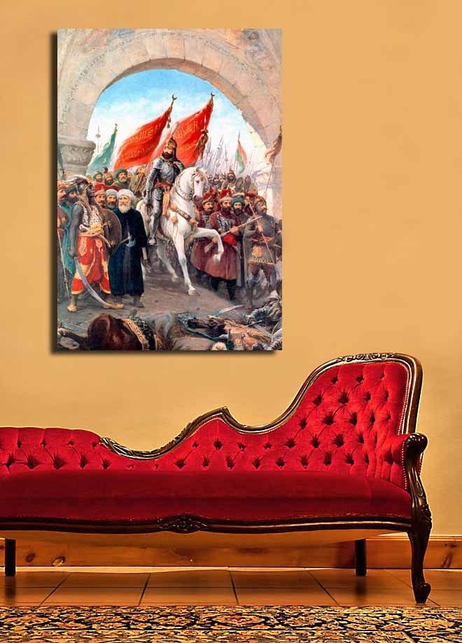 Lerretsbilde 70x100 cm - Triumferende leder på en hvit hest omgitt av en folkemengde med røde flagg - Rød / Hvit / Brun - Innredning - Bilder & kunst - Lerretsbilder